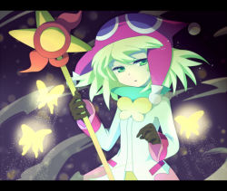 Rule 34 | 1girl, amitie (puyopuyo), blonde hair, breasts, bug, butterfly, gloves, green eyes, hat, insect, jacket, komeichou-69, letterboxed, looking at viewer, madou monogatari, magic, purple background, puyopuyo, puyopuyo fever, red amitie, sega, short hair, small breasts, solo, staff