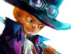 Rule 34 | 1boy, ascot, bad id, bad pixiv id, bandages, black eyes, blonde hair, child, east blue, frown, goggles, hat, male focus, one piece, pole, sabo (one piece), serious, short hair, solo, top hat, transparent background, tsuyomaru, weapon, white background, wide-eyed, aged down
