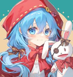 Rule 34 | 1girl, adapted costume, black bow, blue eyes, blue hair, blush, bow, closed mouth, commentary, crossed bangs, date a live, eyepatch, frown, hair between eyes, highres, hood, hood up, long hair, low twintails, nervous, red bow, simple background, solo, star (symbol), stuffed animal, stuffed rabbit, stuffed toy, twintails, upper body, yoshino (date a live), yoshinon, yunweishukuang