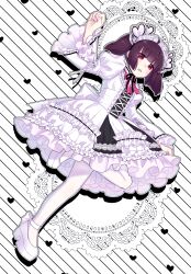 Rule 34 | 1girl, ahoge, blush, bow, bowtie, center frills, chin strap, cosplay, cross-laced clothes, cross-laced dress, doily, dress, drop shadow, foot up, frilled dress, frilled hairband, frills, frown, full body, hairband, hand up, headgear, heart hairband, highres, juliet sleeves, kawasaki (5s5 g), lace, lace-trimmed dress, lace trim, lolita fashion, long sleeves, looking at viewer, medium hair, open mouth, pantyhose, petticoat, pink bow, pink bowtie, platform footwear, platform heels, puffy sleeves, purple hair, red eyes, shikoku metan, shikoku metan (cosplay), sideways, solo, striped background, sweatdrop, touhoku kiritan, twintails, voiceroid, white background, white dress, white footwear, white pantyhose, wide sleeves