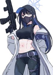 Rule 34 | 1girl, bare shoulders, baseball cap, belt, black gloves, black hair, black hat, black pants, black shirt, blue archive, breasts, buckle, coat, colored inner hair, cowboy shot, crop top, gloves, grey eyes, groin, gun, halo, hand in pocket, hand up, hat, highres, holding, holding gun, holding weapon, leggings, long hair, long sleeves, looking at viewer, mask, medium breasts, midriff, mouth mask, multicolored hair, navel, off shoulder, open clothes, open coat, osame, pants, rifle, saori (blue archive), shirt, simple background, sleeveless, sleeveless shirt, snap-fit buckle, solo, standing, toned, weapon, white background, white coat