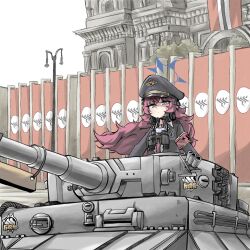 Rule 34 | 1girl, armband, banner, binoculars, blue archive, building, collared shirt, commentary request, cross, driving, grey eyes, hair between eyes, halo, hat, headphones, iroha (blue archive), iron cross, lamppost, long hair, long sleeves, looking at viewer, military vehicle, motor vehicle, nanashi (pixiv 98920795), outdoors, peaked cap, red armband, red hair, school uniform, shirt, sidelocks, solo, tank, tiger i, wavy hair, wind