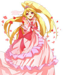 Rule 34 | 1girl, aida mana, blonde hair, bow, brooch, byurin, choker, cure heart, cure heart (engage mode), curly hair, dokidoki! precure, dress, earrings, engage mode (dokidoki! precure), frills, full body, gloves, hair ornament, hairpin, half updo, heart, heart brooch, heart hair ornament, highres, jewelry, long hair, magical girl, petals, pink bow, pink dress, pink eyes, ponytail, precure, ribbon, smile, solo, white background