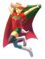 Rule 34 | 1girl, 2018 fifa world cup, animal ears, boots, breasts, full body, green eyes, holding, jumping, medium breasts, mizuki apple, original, portugal, portuguese flag, rabbit ears, rabbit tail, red hair, short hair, simple background, soccer, soccer uniform, solo, sportswear, tail, trousers, white background, white footwear, world cup