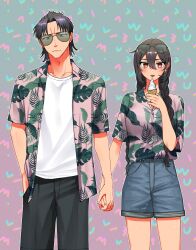 Rule 34 | 1boy, 1girl, admiral (kancolle), alternate costume, alternate hairstyle, black hair, blush, braid, breasts, closed mouth, denim, denim shorts, eyewear on head, food, hair over shoulder, hand in pocket, hawaiian shirt, hetero, highres, holding, holding food, holding hands, ice cream, ice cream cone, kantai collection, large breasts, leaf print, long hair, machi (ritovoyage), medium breasts, nagato (kancolle), red eyes, shirt, shirt tucked in, short sleeves, shorts, simple background, sunglasses, tongue, tongue out, twin braids, white shirt