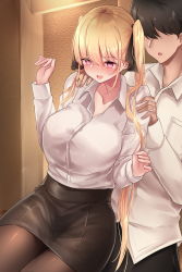 Rule 34 | 1boy, 1girl, bad id, bad pixiv id, black hair, black pantyhose, black ribbon, black skirt, blonde hair, blush, breasts, collarbone, collared shirt, commentary request, dress shirt, hair ornament, hair ribbon, highres, large breasts, long hair, long sleeves, office lady, open mouth, original, osisio, pantyhose, purple eyes, ribbon, shirt, shirt tucked in, skirt, smile, solo focus, twintails, white shirt