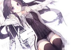 Rule 34 | 1girl, arm up, black hair, black thighhighs, cover, cover page, highres, long hair, looking at viewer, original, outstretched arm, purple eyes, senmu (senmudayo), shorts, solo, thighhighs, white background