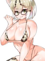 Rule 34 | 1girl, akaisuto, alternate costume, animal ears, armpit crease, blonde hair, blush, body blush, breasts, cleavage, cleft of venus, closed mouth, collarbone, covered erect nipples, curvy, extra ears, eyelashes, fang, female focus, glasses, green eyes, kemono friends, large breasts, looking at viewer, margay (kemono friends), margay ears, margay print, midriff, no tail, short hair, simple background, sitting, smile, solo, swimsuit, thighhighs, thighs, underboob, upper body, white background