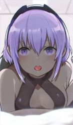Rule 34 | 1girl, :d, bare shoulders, bed sheet, blush, breasts, dark skin, dark-skinned female, fate/grand order, fate/prototype, fate/prototype: fragments of blue and silver, fate (series), hair between eyes, hairband, halterneck, hassan of serenity (fate), indoors, looking at viewer, lying, medium breasts, on stomach, open mouth, purple eyes, purple hair, short hair, sidelocks, sleeveless, smile, solo, tareme, toi (toiot), tongue, upper body
