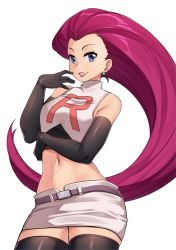 Rule 34 | 1girl, bare shoulders, belt, big hair, black thighhighs, blue eyes, breasts, cowboy shot, creatures (company), earrings, elbow gloves, game freak, gloves, hair slicked back, highres, iwbitu, jessie (pokemon), jewelry, lips, long hair, looking at viewer, midriff, miniskirt, navel, nintendo, pokemon, pokemon (anime), pokemon the movie: the power of us, red hair, simple background, skirt, smile, solo, standing, stomach, team rocket, team rocket uniform, thighhighs, very long hair, white background