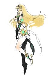 Rule 34 | 1girl, armor, artist request, blonde hair, breasts, cleavage, dress, fingerless gloves, gloves, large breasts, long hair, mythra (xenoblade), nintendo, simple background, solo, white background, xenoblade chronicles (series), xenoblade chronicles 2, xenoblade chronicles (series), xenoblade chronicles 2, yellow eyes