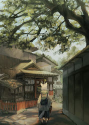 Rule 34 | 1girl, absurdres, animal ears, architecture, backpack, bag, black hakama, building, commentary request, day, east asian architecture, facing away, from behind, hakama, hakama skirt, highres, holding, holding umbrella, hood, hood down, japanese clothes, lantern, long hair, original, outdoors, paper lantern, pndusg103, scenery, skirt, solo, standing, tail, tree, umbrella, white hair, wide shot, wide sleeves