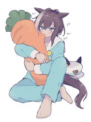 Rule 34 | 1girl, animal ears, barefoot, blue eyes, blue pajamas, blush, brown hair, cheval grand (umamusume), closed mouth, gradient hair, highres, holding, holding stuffed toy, horse ears, horse girl, horse tail, looking at viewer, multicolored hair, pajamas, rjsn, short hair, simple background, sitting, solo, stuffed carrot, stuffed toy, tail, umamusume, white background, white hair