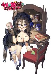 Rule 34 | 1girl, arm support, bent over, black dress, black footwear, black hair, blue eyes, book, breasts, chair, cleavage, copyright name, desk, dress, frilled dress, frills, frog, glasses, holding, jewelry, kino books, large breasts, long hair, looking at viewer, necklace, open mouth, single thighhigh, thighhighs, thighs, uchi no hime-sama ga ichiban kawaii, whoisshe