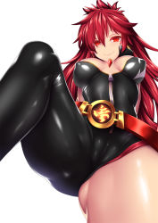 Rule 34 | 1girl, asymmetrical legwear, bare legs, belt, biker clothes, bikesuit, black legwear, bodysuit, breasts, cameltoe, closed mouth, commentary, covered erect nipples, dutch angle, elesis (elsword), elsword, eyes visible through hair, fi-san, flame lord (elsword), glowing, hair between eyes, high collar, highres, impossible clothes, jewelry, knee up, long hair, looking at viewer, looking down, medium breasts, pendant, red eyes, red hair, simple background, skin tight, smile, solo, uneven legwear, zipper