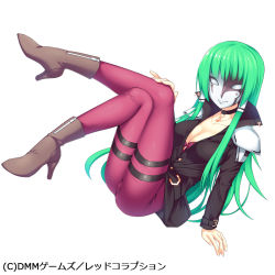 Rule 34 | 1girl, boots, breasts, brown footwear, choker, cleavage, full body, gem, green hair, jewelry, crossed legs, long hair, mask, necklace, ochinsama, official art, red corruption, sitting, solo, thighhighs, watermark