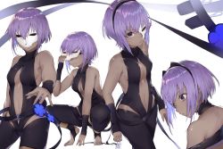 Rule 34 | 1girl, absurdres, bare shoulders, between fingers, black cola, black legwear, black leotard, blush, breasts, closed mouth, commentary request, dark-skinned female, dark skin, fate/prototype, fate/prototype: fragments of blue and silver, fate (series), feet, fingernails, hair between eyes, hassan of serenity (fate), highres, holding, kunai, leotard, looking at viewer, mask, multiple views, no shoes, purple eyes, purple hair, simple background, skull mask, small breasts, squatting, stirrup legwear, toeless legwear, weapon, white background