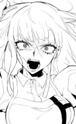 Rule 34 | 1girl, angry, apron, bandages, blush, breasts, collared shirt, commentary request, danganronpa (series), danganronpa 2: goodbye despair, furious, greyscale, hand up, large breasts, long hair, looking at viewer, mole, mole under eye, monochrome, open mouth, shirt, solo, spot color, tsumiki mikan, tuteurfars shin, upper body, white background