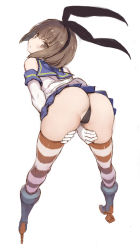 Rule 34 | 1girl, absurdres, ass, bent over, black panties, black ribbon, blue sailor collar, blue skirt, brown eyes, brown hair, cameltoe, closed mouth, cosplay, from behind, hair ribbon, hands on own thighs, highres, kantai collection, looking back, medium hair, microskirt, panties, pleated skirt, red thighhighs, ribbon, ryo (tg290), sailor collar, school uniform, serafuku, shimakaze (kancolle), shimakaze (kancolle) (cosplay), sideways glance, simple background, skirt, solo, striped clothes, striped thighhighs, thighhighs, underwear, white background, white thighhighs, yukikaze (kancolle)