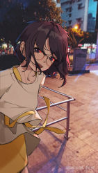 Rule 34 | 1girl, :d, absurdres, black hair, blurry, blush, building, cowboy shot, depth of field, dress, floating hair, glasses, hair over mouth, highres, huge filesize, layered clothes, leaning to the side, looking at viewer, night, open mouth, original, outdoors, pavement, photo background, railing, ribbon, round eyewear, shirt, short hair, smile, solo, suyi-j, white shirt, yellow dress, yellow ribbon