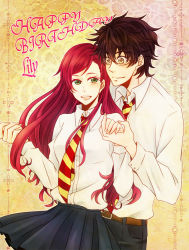 Rule 34 | 1boy, 1girl, aged down, bad id, bad pixiv id, blush, brown hair, glasses, green eyes, happy birthday, harry potter (series), hetero, holding hands, james potter, lily evans, long hair, necktie, open mouth, red hair, school uniform, short hair, skirt, smile, wizarding world, zabisuko