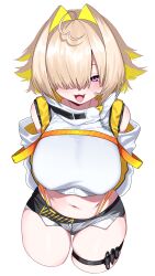 Rule 34 | 1girl, absurdres, ahoge, arms behind back, bare shoulders, blonde hair, breasts, clothing cutout, commentary, cowboy shot, cropped legs, cropped sweater, dated commentary, elegg (nikke), exposed pocket, fang, goddess of victory: nikke, grey shorts, hair intakes, hair over one eye, highres, large breasts, long sleeves, looking at viewer, medium hair, multicolored hair, navel, open mouth, parted bangs, pink eyes, shorts, shoulder cutout, simple background, skindentation, solo, suspenders, sweater, thigh strap, thighs, tosyeo, two-tone hair, white background, white sweater, zipper
