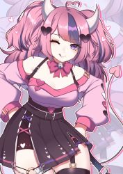Rule 34 | 1girl, absurdres, ahoge, breasts, commentary, demon girl, demon horns, demon tail, english commentary, highres, horns, ironmouse, ironmouse (1st costume), licking lips, long sleeves, looking at viewer, multicolored hair, nail polish, one eye closed, pink hair, purple eyes, purple hair, purple nails, rayrie, short hair, short twintails, solo, tail, tongue, tongue out, twintails, virtual youtuber, vshojo, zoom layer
