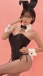 Rule 34 | 1girl, fukada eimi, glasses, highres, photo (medium), pink background, rabbit ears, short hair, standing