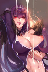 Rule 34 | 1girl, arm behind head, breasts, caster (lostbelt), cleavage, clothes pull, detached collar, dress, eyelashes, fate/grand order, fate (series), highres, jewelry, large breasts, licking lips, long hair, navel, necklace, nipple slip, nipples, purple hair, red eyes, revealing clothes, scathach (fate), scathach skadi (fate), seductive smile, shirt pull, skin tight, smile, solo, stomach, suggestive fluid, tiara, tongue, tongue out, user jwze7288