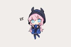 Rule 34 | 1girl, arknights, beanie, black hat, blue eyes, blue jacket, blue poison (arknights), blue thighhighs, blush, chibi, closed mouth, commentary, cosplay, glaucus (arknights), glaucus (arknights) (cosplay), grey background, hair between eyes, hat, jacket, long hair, long sleeves, looking at viewer, low twintails, open clothes, open jacket, pink hair, ruri (dailybloopy), simple background, solo, thighhighs, twintails
