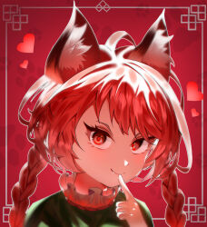 Rule 34 | 1girl, animal ear fluff, braid, cat, closed mouth, commentary request, dress, fang, fang out, finger to mouth, green dress, hand up, heart, highres, kaenbyou rin, lips, long hair, looking at viewer, portrait, red background, red eyes, red hair, simple background, solo, touhou, twin braids, yomatsuri (festival night)