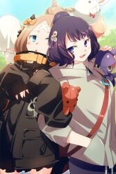 Rule 34 | 2girls, abigail williams (fate), abigail williams (traveling outfit) (fate), back-to-back, bag, balloon, bandaid, bandaid on face, bandaid on forehead, belt, black bow, black jacket, black skirt, blonde hair, blue eyes, blush, bow, breasts, crossed bandaids, echo (circa), fate/grand order, fate (series), forehead, grey jacket, hair bow, hair bun, hair ornament, high collar, hood, hooded jacket, jacket, katsushika hokusai (fate), katsushika hokusai (traveling outfit) (fate), large breasts, long hair, long sleeves, looking at another, multiple girls, octopus, open mouth, orange belt, orange bow, parted bangs, purple hair, short hair, shoulder bag, skirt, sleeves past fingers, sleeves past wrists, small breasts, smile, stuffed animal, stuffed toy, teddy bear, tokitarou (fate)
