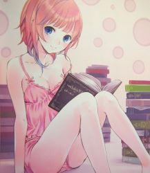 Rule 34 | 1girl, atelier (series), atelier rorona, bare shoulders, blue eyes, blush, book, breasts, cleavage, female focus, highres, holding, kishida mel, looking at viewer, pink background, pink hair, rororina fryxell, simple background, sitting, small breasts, smile, solo