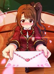 Rule 34 | 10s, 1girl, blush, bow, breasts, brown eyes, cherry blossoms, classroom, commentary request, fisheye, half updo, idolmaster, idolmaster cinderella girls, idolmaster cinderella girls starlight stage, incoming gift, indoors, lens flare, letter, long hair, looking at viewer, love letter, one side up, outstretched arms, petals, plaid, plaid bow, school, school uniform, shimamura uzuki, solo, yasuhito