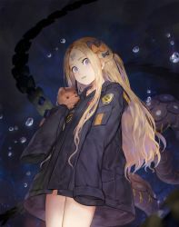 Rule 34 | 1girl, abigail williams (fate), abigail williams (traveling outfit) (fate), air bubble, bad id, bad pixiv id, bandaid, bandaid on face, bandaid on forehead, black bow, black coat, blonde hair, blue eyes, bow, bubble, coat, commentary, cowboy shot, crossed bandaids, dark background, earrings, fate/grand order, fate (series), from below, hair bow, heroic spirit traveling outfit, highres, holding, holding stuffed toy, hood, hood down, hooded coat, jewelry, long hair, long sleeves, looking at viewer, looking down, neon.p, no pants, official alternate costume, one side up, orange bow, parted lips, sidelocks, sleeves past fingers, sleeves past wrists, solo, stuffed animal, stuffed toy, teddy bear, tentacles, underwater