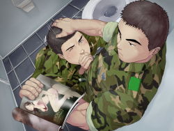 Rule 34 | 2boys, against wall, bara, bathroom, bisexual male, blush, brown hair, drooling, fellatio, hand on head, magazine (object), male focus, multiple boys, muscular, oral, saliva, soldier, sweat, toilet, wince, winemvee, yaoi