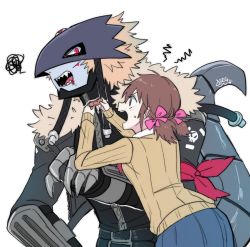 Rule 34 | 1boy, 1girl, age difference, ai (digimon), beelzebumon, blonde hair, blood, blood on face, brown hair, demon, digimon, digimon tamers, injury, looking at another, low twintails, red eyes, scarf, school uniform, size difference, skull, tail, twintails