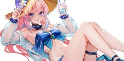 Rule 34 | 1girl, :d, armpits, bare shoulders, bikini, blue bikini, blue bow, bow, chen ying (alan-yut), choker, commentary, cup, drinking glass, feet out of frame, flower, genshin impact, hat, hat flower, holding, holding cup, long hair, looking at viewer, lying, off shoulder, on back, open clothes, open mouth, open shirt, pink hair, purple eyes, sangonomiya kokomi, see-through, simple background, smile, solo, strapless, strapless bikini, sun hat, swimsuit, thigh strap, thighs, unfinished, very long hair, white background, white flower