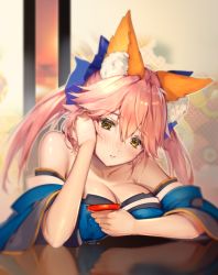 Rule 34 | 1girl, animal ear fluff, animal ears, bad id, bad twitter id, bare shoulders, blue bow, blue kimono, blush, bow, breasts, cleavage, commentary request, cup, drunk, fate/extra, fate/grand order, fate (series), fox ears, fox tail, hair between eyes, hair bow, holding, holding cup, indoors, japanese clothes, kimono, large breasts, long hair, looking at viewer, mogullaz, off shoulder, pink hair, sakazuki, sitting, solo, split ponytail, table, tail, tamamo (fate), tamamo no mae (fate/extra), yellow eyes