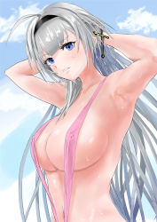 Rule 34 | 1girl, armpits, azur lane, black hairband, blue sky, breasts, covered erect nipples, cross hair ornament, from side, grey hair, hair ornament, hairband, hands in hair, highres, large breasts, long hair, mainz (azur lane), pink one-piece swimsuit, presenting armpit, purple eyes, sky, slingshot swimsuit, solo, sprocket-gama, sweat, swimsuit, upper body, very long hair
