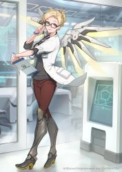 Rule 34 | 1girl, adjusting eyewear, blonde hair, blue eyes, boots, clipboard, copyright notice, doctor, eyelashes, folded ponytail, glasses, hair ornament, hairclip, high heels, highres, knee boots, lab coat, mechanical wings, mercy (overwatch), name tag, nishikawa eito, official alternate costume, official art, overwatch, overwatch (logo), overwatch 1, parted lips, smile, solo, stethoscope, wings, wristband