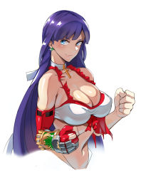 Rule 34 | 1girl, ayakumo, blue eyes, blush, breasts, cleavage, clenched hands, collar, covered erect nipples, earrings, elbow gloves, fate/grand order, fate (series), gloves, grin, hair ribbon, jewelry, large breasts, long hair, looking at viewer, martha (fate), martha (swimsuit ruler) (fate), navel, purple hair, red gloves, ribbon, simple background, single glove, smile, solo, torn clothes, torn gloves, upper body, white background