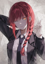 Rule 34 | 1girl, ;), absurdres, black necktie, black suit, braid, braided ponytail, breasts, business suit, chainsaw man, closed mouth, collared shirt, commentary request, formal, highres, komura hiroto, long hair, looking at viewer, makima (chainsaw man), necktie, one eye closed, red hair, ringed eyes, shirt, sidelocks, smile, solo, suit, upper body, v, white shirt, yellow eyes