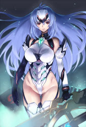 Rule 34 | 1girl, akinaie, android, asymmetrical gloves, bare shoulders, black gloves, blue hair, blush, breasts, cleavage, closed mouth, commentary request, cowboy shot, elbow gloves, expressionless, floating hair, forehead protector, gloves, gluteal fold, hair between eyes, headgear, highleg, highleg leotard, highres, hip focus, holding, holding weapon, kos-mos, kos-mos re:, large breasts, legs together, leotard, lips, long hair, looking at viewer, mismatched gloves, red eyes, sidelocks, solo, standing, thigh gap, thighhighs, thighs, very long hair, weapon, white gloves, white leotard, white thighhighs, xenoblade chronicles (series), xenoblade chronicles 2, xenosaga