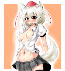 Rule 34 | 1girl, animal ears, ayatori (aytr), black legwear, blush, breasts, breasts out, center opening, collarbone, cosplay, fang, groin, hat, inubashiri momiji, looking at viewer, midriff, miniskirt, navel, nipples, open clothes, open mouth, red eyes, shameimaru aya, shameimaru aya (cosplay), short hair, silver hair, skirt, solo, tail, tokin hat, touhou, wolf ears, wolf tail