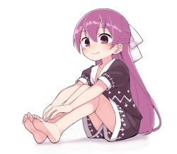 Rule 34 | 1girl, barefoot, blush, brown dress, closed mouth, commentary request, dress, erondoryu, feet, fujiuri, hair between eyes, hair ribbon, knees up, legs, looking at viewer, nail polish, original, pink nails, purple eyes, purple hair, ribbon, shadow, short dress, short sleeves, sidelocks, simple background, sitting, smile, soles, solo, toes, white background, white ribbon