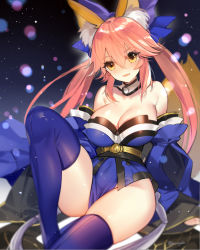 Rule 34 | 1girl, animal ears, arm support, bare shoulders, blue thighhighs, blurry, bokeh, bow, breasts, cleavage, covered navel, depth of field, detached collar, detached sleeves, fate/extra, fate (series), fox ears, hair between eyes, hair bow, hatoyama itsuru, japanese clothes, kimono, large breasts, long hair, looking at viewer, obi, pink hair, sash, sitting, smile, solo, tamamo (fate), tamamo no mae (fate/extra), tassel, thighhighs, twintails, yellow eyes