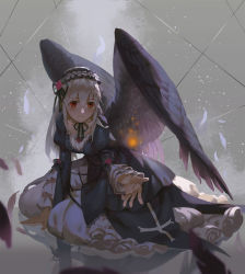 Rule 34 | 1girl, black ribbon, black wings, blush, collarbone, cross, dress, feathered wings, feathers, flower, gothic lolita, hairband, highres, lolita fashion, long hair, long sleeves, pink rose, puffy long sleeves, puffy sleeves, red eyes, ribbon, rose, rozen maiden, sawana, solo, suigintou, white hair, wings