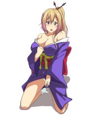 Rule 34 | 10s, 1girl, blonde hair, blush, breasts, female focus, highres, japanese clothes, kawakami mai, kimono, large breasts, long hair, looking at viewer, musaigen no phantom world, off shoulder, open mouth, purple eyes, sbel02, side ponytail, solo, traditional clothes