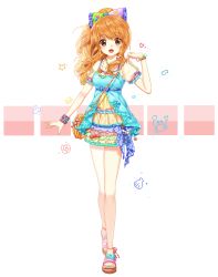 Rule 34 | 1girl, :d, bad id, bad pixiv id, bag, bare legs, blue dress, blue ribbon, bow, bracelet, brown eyes, crab, dress, fish, food, frilled bow, frilled sleeves, frills, full body, green bow, green skirt, hand up, handbag, heart, heart print, high ponytail, highres, idolmaster, idolmaster cinderella girls, idolmaster cinderella girls starlight stage, jewelry, lepoule, long hair, looking at viewer, moroboshi kirari, multicolored bow, multicolored clothes, multicolored skirt, nail polish, necklace, open mouth, orange hair, pink bow, pink skirt, polka dot, polka dot ribbon, ponytail, pretzel, print bow, purple bow, red bow, ribbon, sandals, shell, short sleeves, sidelocks, simple background, skirt, smile, solo, standing, star (symbol), star print, striped, striped bow, toenail polish, toenails, walking, wavy hair, white background, white bow, yellow skirt